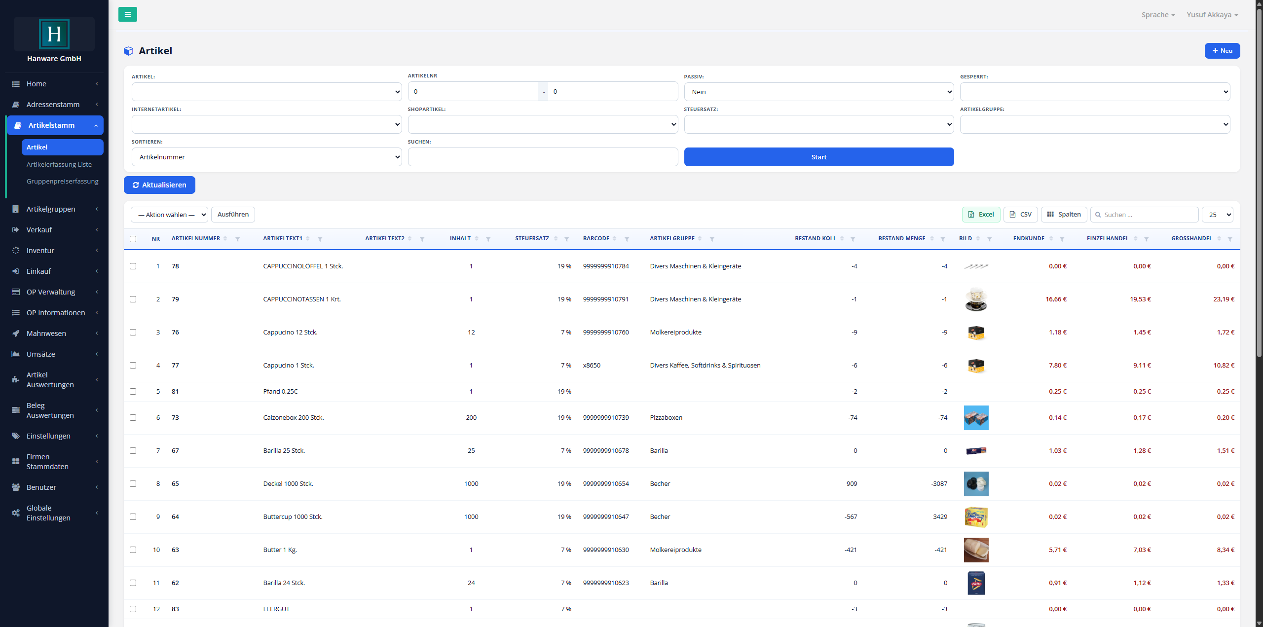 Hanware Cloud ERP - Artikel-Liste mit Bildern, EAN und Beständen