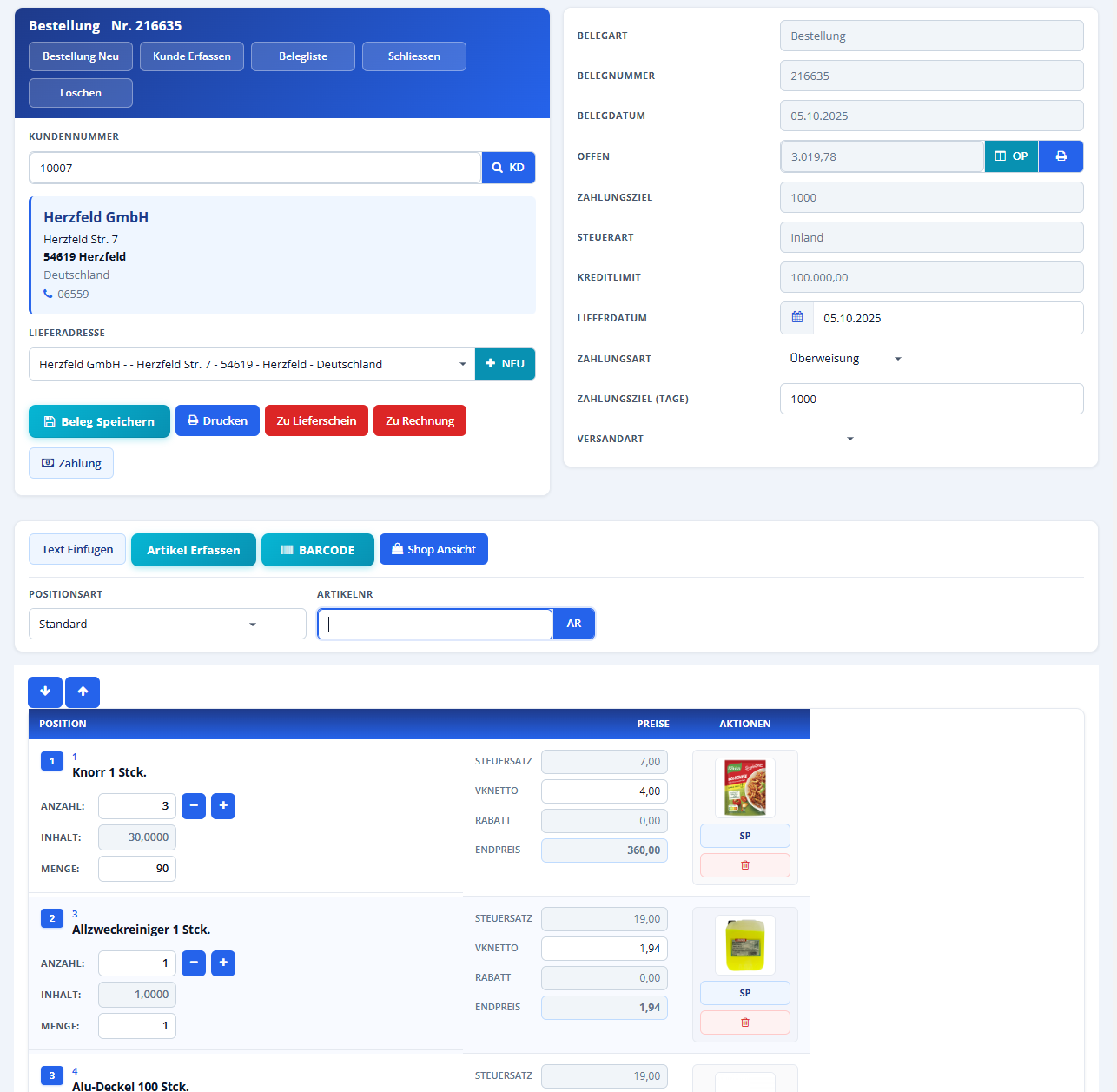 Hanware Cloud ERP - Bestell-Erfassung mit Kunde, Lieferadresse, Positionen und Beleg-Summe