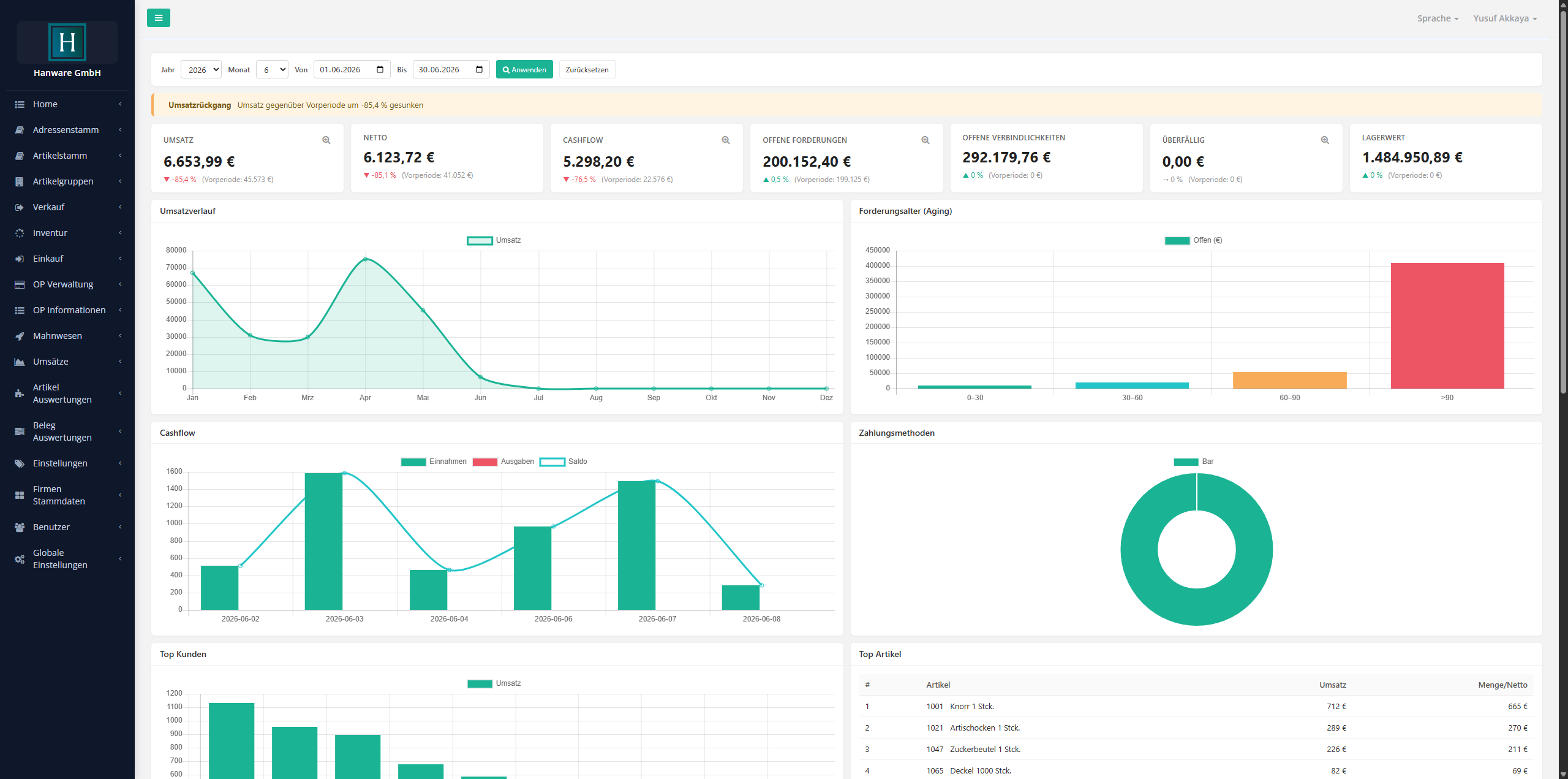 Hanware Cloud ERP - Cockpit-Ansicht im Browser mit Umsatz, Cashflow und Top-Kunden