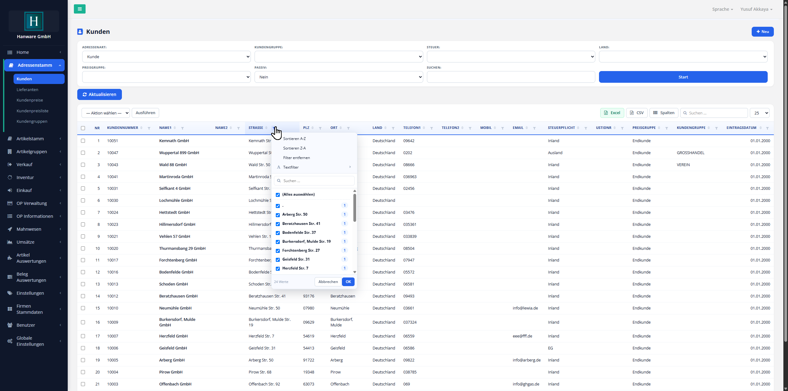 Hanware Cloud ERP - Kunden-Liste mit Spaltenauswahl, Suche und Export