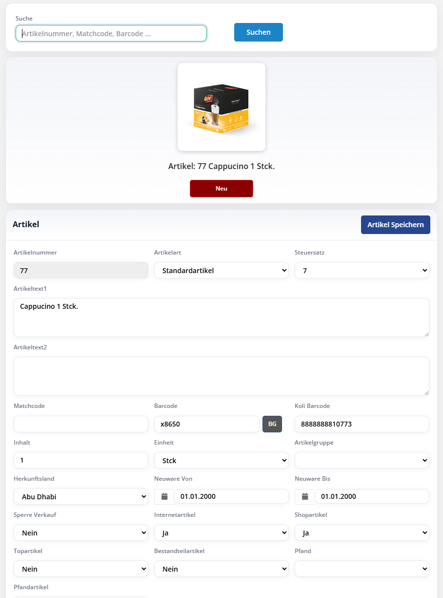 Hanware Cloud ERP auf dem Smartphone - Artikel-Detail mit Bild und Stammdaten