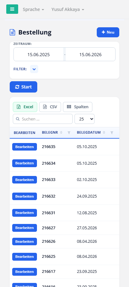 Hanware Cloud ERP auf dem Smartphone - Bestell-Liste mit Filter und Suche