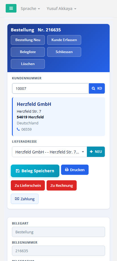 Hanware Cloud ERP auf dem Smartphone - Bestellung Nr. 216635 mit Kunde Herzfeld GmbH