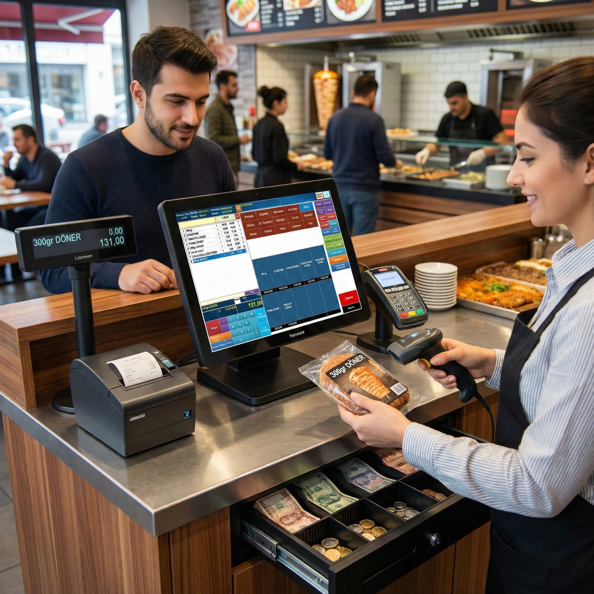 Hanware Cash im Einsatz: Touch-POS-Terminal, Bondrucker, Kundendisplay, EC-Cash-Terminal und Barcode-Scanner an einer Imbiss-Kasse
