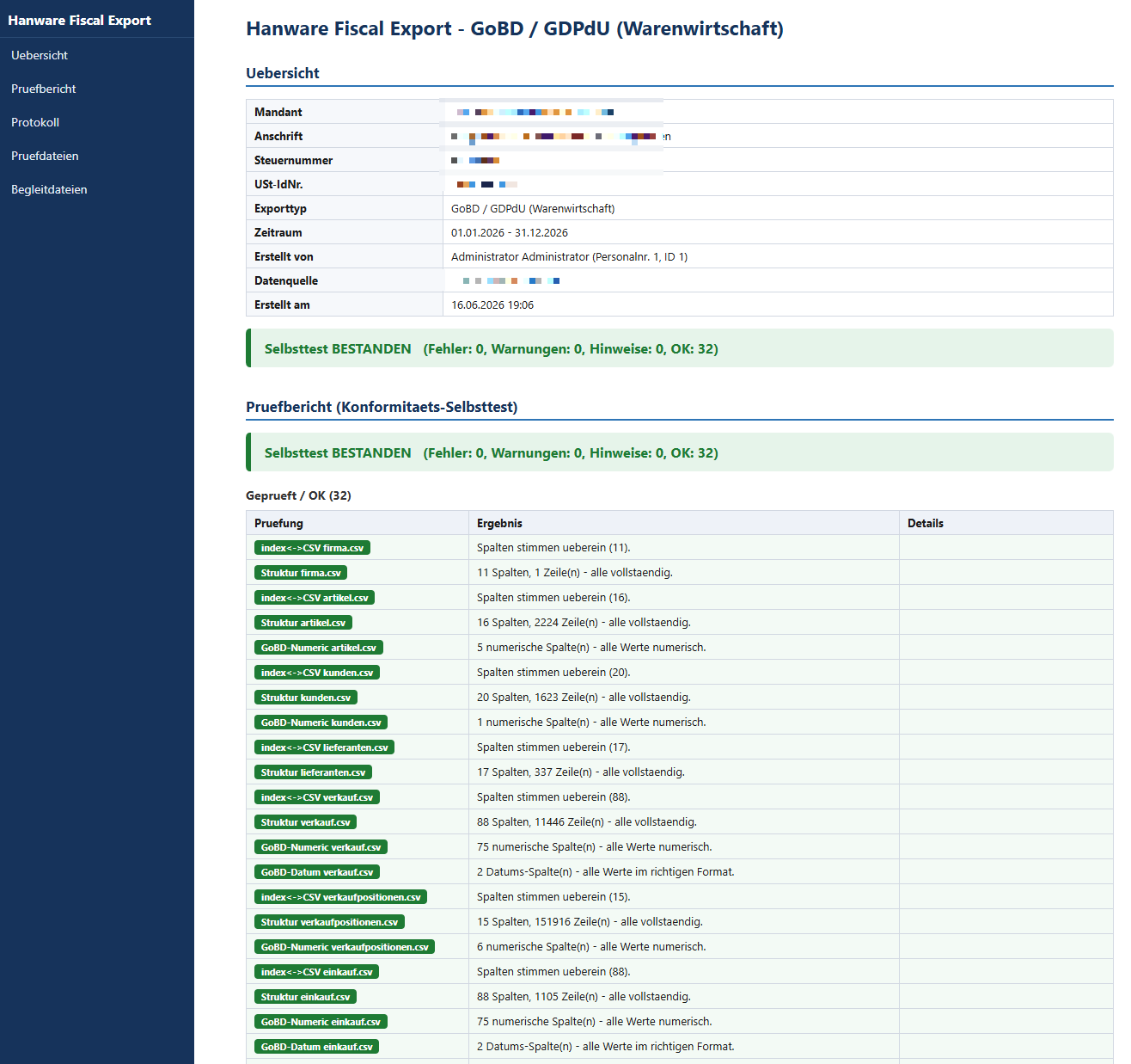 Hanware Fiscal Export GoBD Prüfbericht im Browser mit grüner Status-Box Selbsttest BESTANDEN und 32 geprüften Punkten