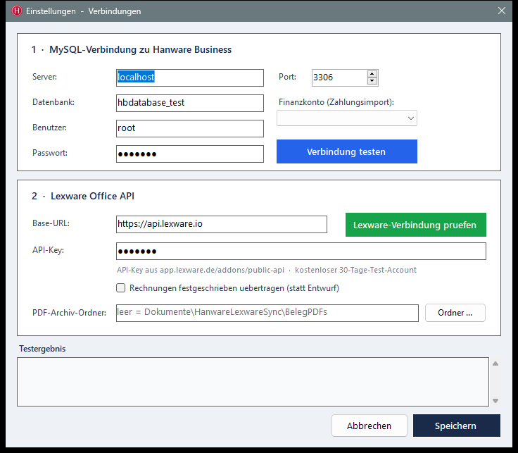 Einstellungen: MySQL-Verbindung und Lexware Office API