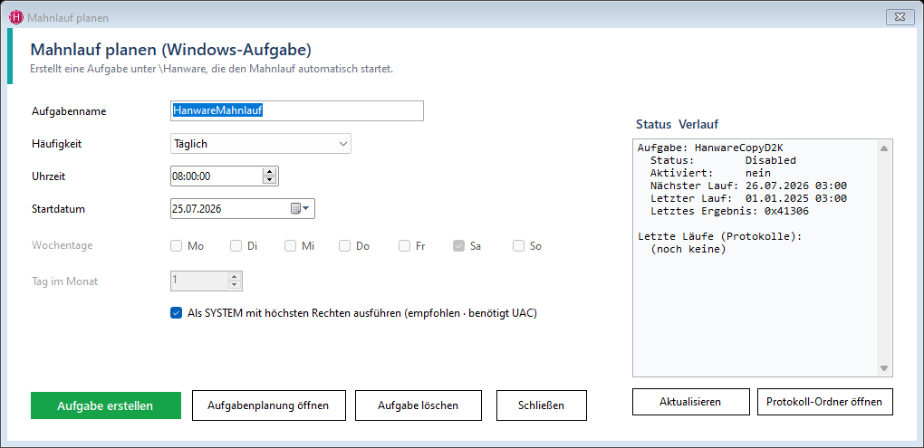 Hanware Mahnung - geplante Windows-Aufgabe für den automatischen Mahnlauf